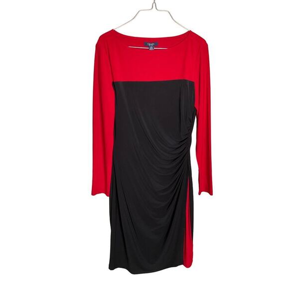 Chaps Sheath Dress Ruched Draped Long Sleeve Colorblock Black Red Womens Large - Picture 1 of 7